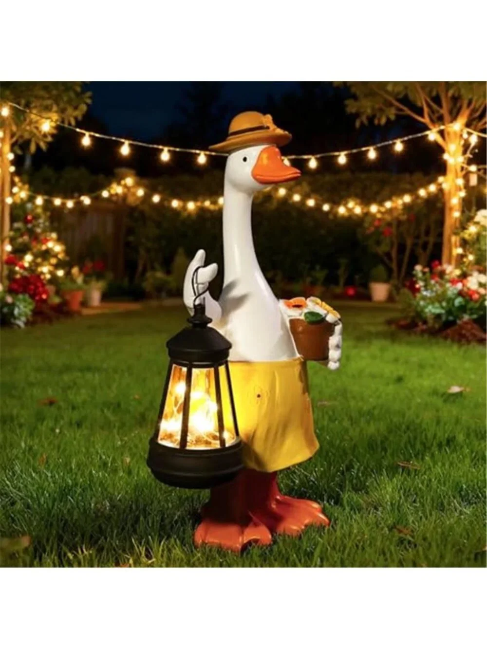 Goose Garden Statues Porch Statues with Solar Lantern Summer Yard Lawn